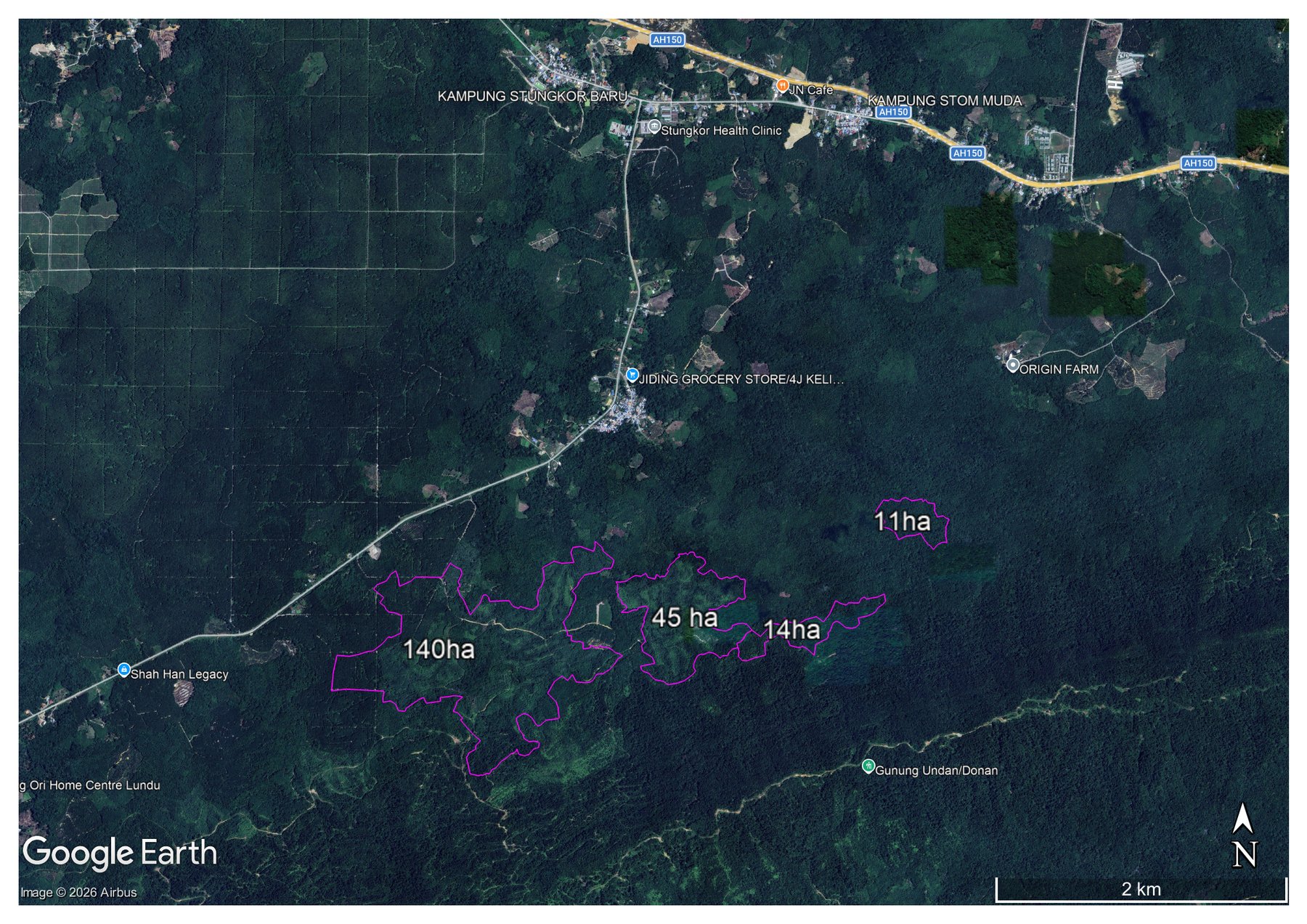 Site plan of SAB Agrotech's four allocated plots in Sarawak — 140 ha, 45 ha, 14 ha, 11 ha — totalling 210 hectares (519 acres).